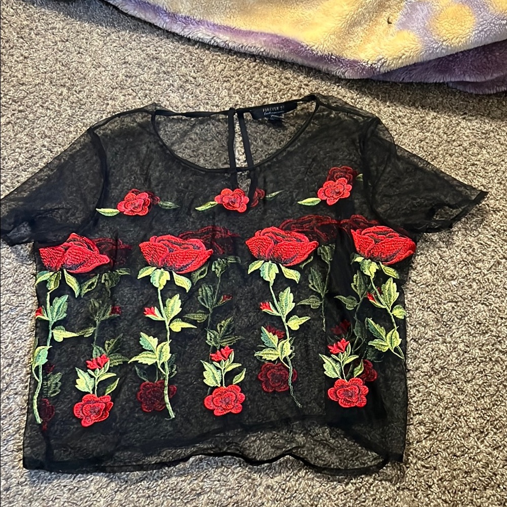 Floral Embroidered Black Top